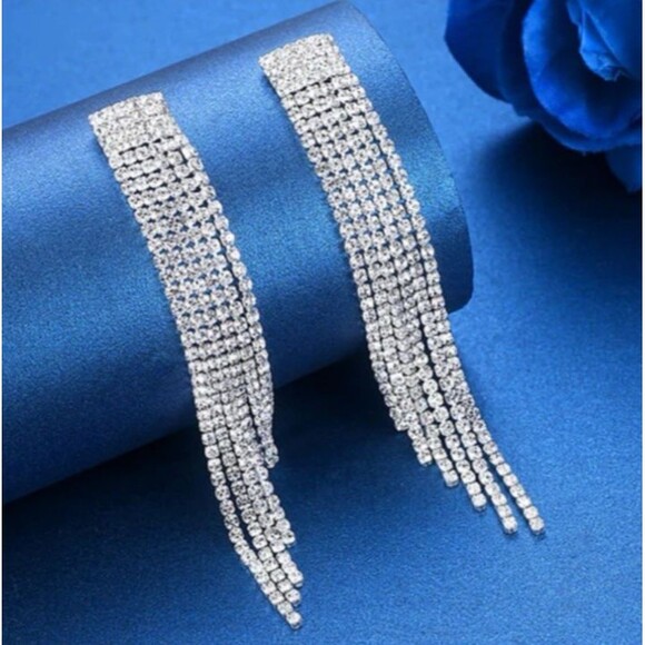 Statement Long Tassle Drop Earrings Waterfall Rhinestone Crystals - Picture 1 of 5
